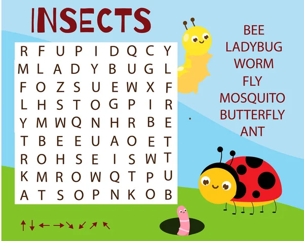 Jeu éducatif pour les enfants. Puzzle de recherche de mots. Apprendre les insectes pour enfants et tout-petits — Image vectorielle