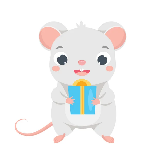 Ratón de dibujos animados. Pequeña rata linda mantenga regalo caja — Vector de stock