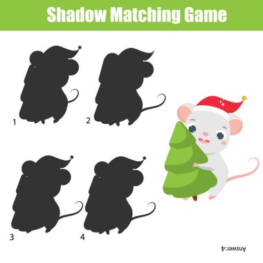 Gölge eşleştirme oyunu. Karikatür fare ile çocuk etkinliği. Küçük çocuklar için Witner tema eğlenceli sayfa