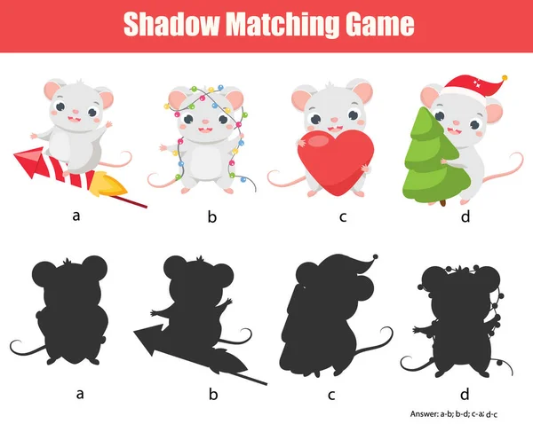 Schaduw wedstrijd. Match muis met silhouet. Nieuwjaar thema leuke pagina voor peuters — Stockvector