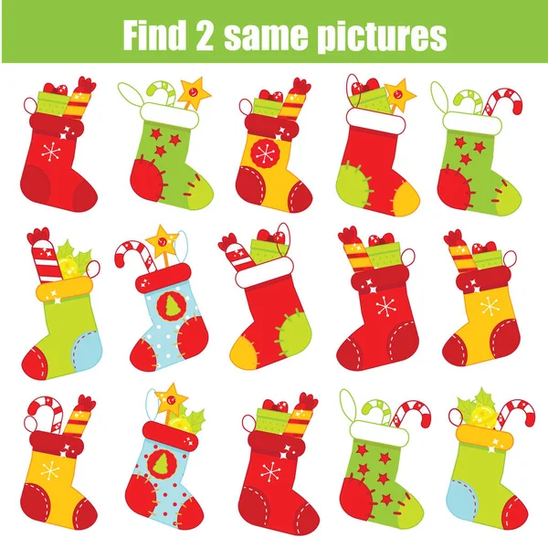 Children educational game. Find the same pictures. Find two identical Christmas sock. new year fun for kids and toddlers — Stock Vector