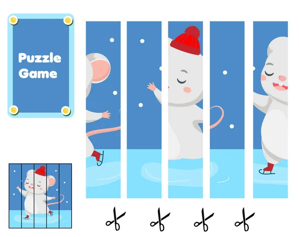 Lindo patinaje del ratón. Puzzle para niños pequeños. Combina las piezas y completa la imagen. Juego educativo para niños — Vector de stock