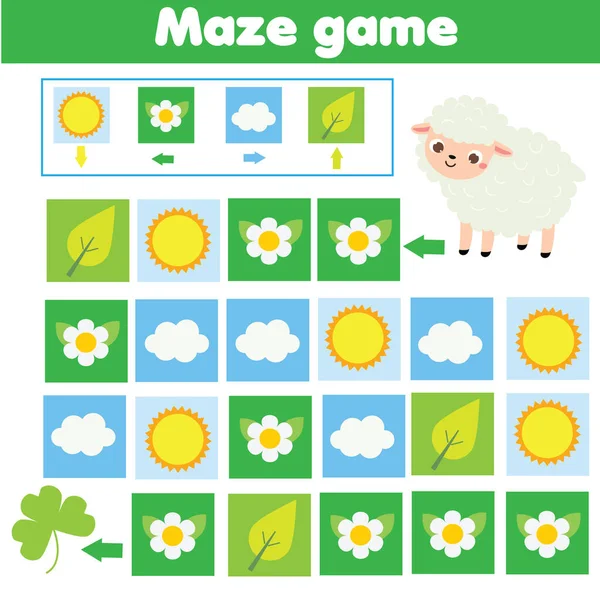 Maze game, animals theme. Kids activity sheet. Logic labyrinth with code navigation. Help sheep find grass — Stock Vector