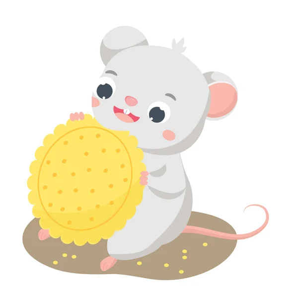 Een tekenfilmmuis. Kleine schattige rat eet koekje. — Stockvector