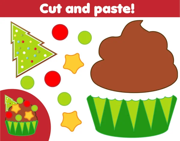 Jeu éducatif créatif pour enfants. Activité de coupe de papier. Faire une nouvelle année, cupcake de Noël avec de la colle et des ciseaux — Image vectorielle