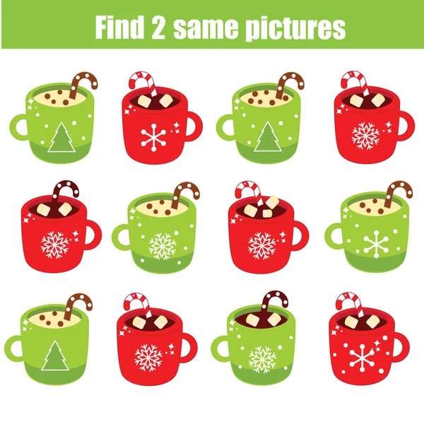 Children educational game. Find two same pictures. Find identic mugs. New Year theme activity for kids and toddlers — Stock Vector