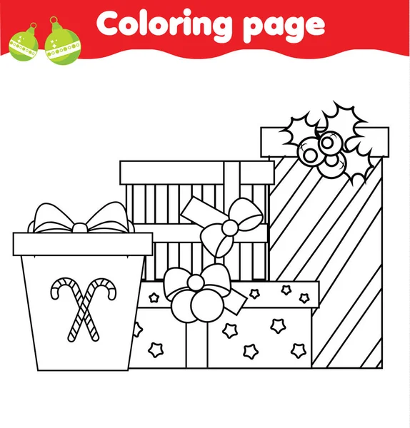 Coloriage avec boîtes cadeaux de Noël. Couleur Nouvel An cadeaux. Activité imprimable pour enfants, enfants et tout-petits . — Image vectorielle