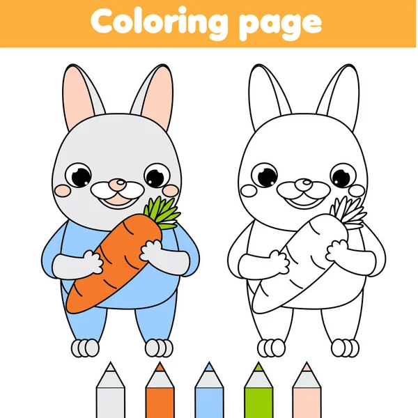 Página de colores con conejo de dibujos animados. bunny, liebre con zanahoria. Dibujar la actividad infantil. Diversión para niños pequeños y niños con animales de Cartoon — Vector de stock