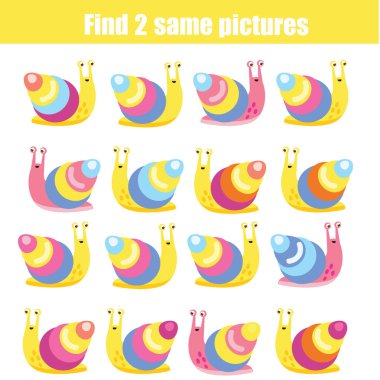 Aynı fotoğrafları bul. Birbirinin aynı iki salyangoz bul. Çocuklar ve yeni yürümeye başlayanlar için eğlence. çocuk eğitim oyunu.