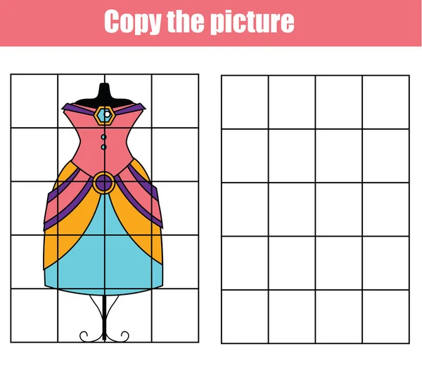 Princess dress. Draw by grid. Copy picture educational game for children and kids. — Stok Vektör