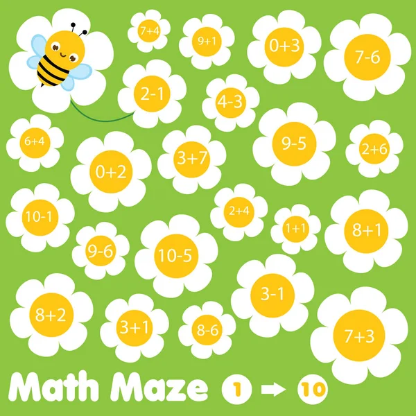 Oktatási gyerekjáték. Matematikai labirintus. Labirintus egytől tízig terjedő egyenletekkel. Segíts a méhnek virágot találni — Stock Vector