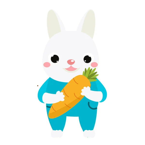 Roztomilý králík s mrkví. Kreslený zajíc. Králíček zvířecí charakter pro děti a děti — Stockový vektor