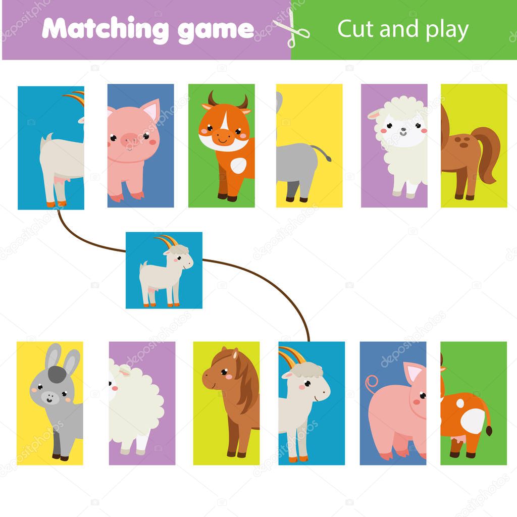 Matching children educational game. Match parts of farm animals. Learning symmetry for kids and toddlers