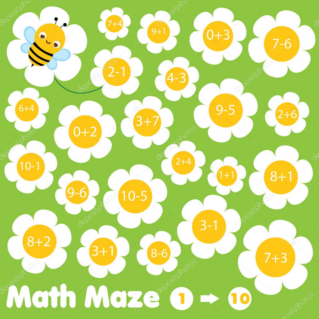 Educational children game. Mathematics maze. Labyrinth with equations from one to ten. Help bee find flower