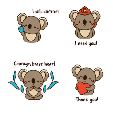 Koala icons with motivational slogans. Pray for Australia concept illustration, stickers