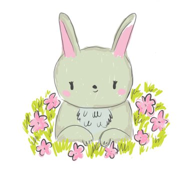 Cute rabbit in flowers. Bunny character for kids and children design. Cartoon hare. Sweet animal for baby prints