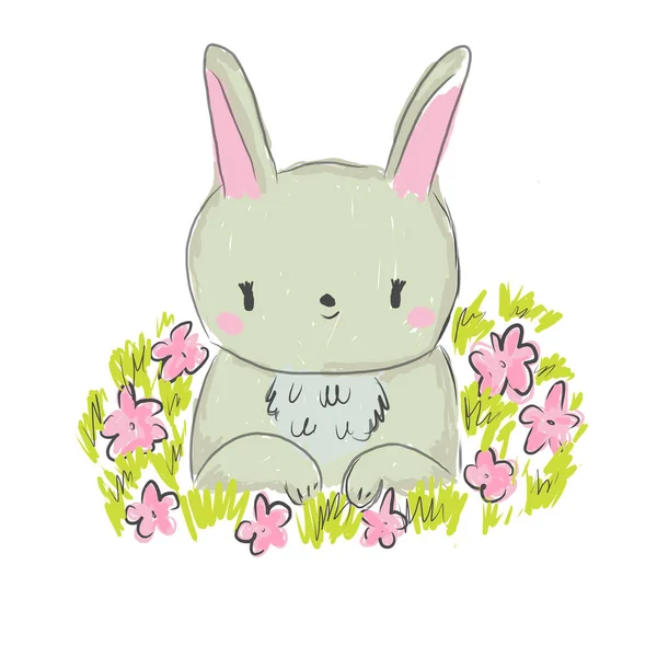 Lindo conejo en flores. Personaje de conejito para niños y diseño infantil. Liebre de dibujos animados. Animal dulce para estampados de bebé — Foto de Stock