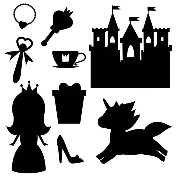 Silhouettes tema princesa aisladas sobre fondo blanco. Castillo, unicorna y otros elementos narrativos. Elementos aislados para pegatinas, scrapbook, etc. — Vector de stock