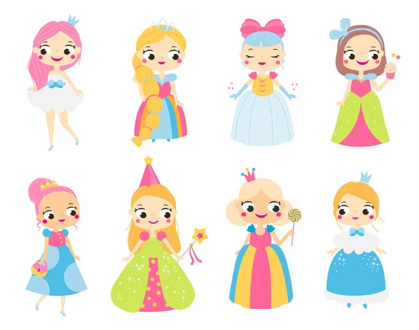 Bonito princesa contos de fadas personagens. Meninas dos desenhos animados em vestido bonito —  Vetores de Stock