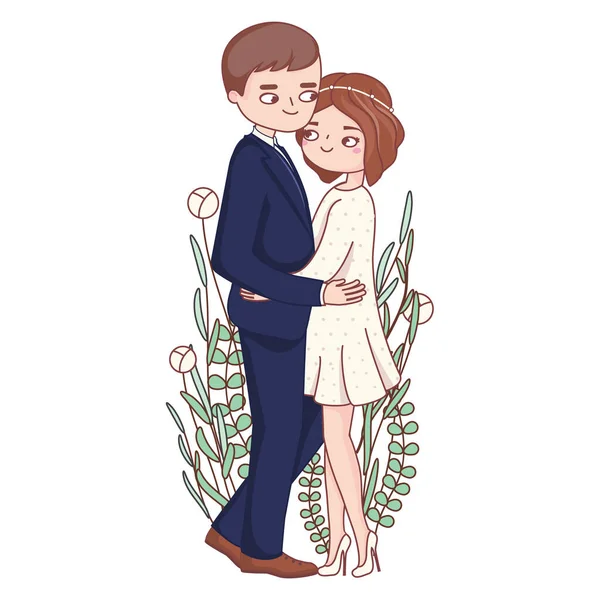 Bride y groom en abrazo romántico. ilustración elegante de la pareja romántica linda matrimonio o compromiso.. — Archivo Imágenes Vectoriales