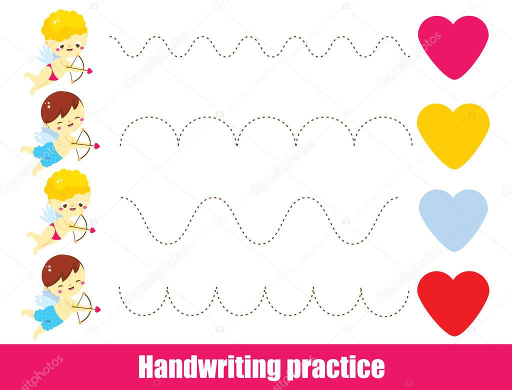 St Valentines day handwriting practice sheet. Educational children game. Preschool Tracing for kids and toddlers.