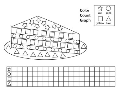 Renk, say ve grafik. Eğitici çocuklar oyunu. Renkli pasta ve sayım şekilleri. Çocuklar ve yeni yürümeye başlayanlar için yazdırılabilir çalışma tablosu