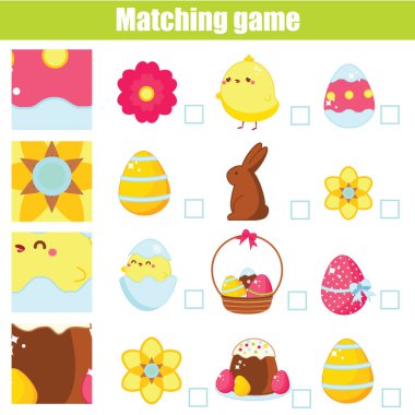 Matching game. Educational children activity Easter theme. Match pattern and objects