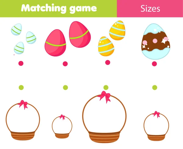 Match by size educational children game. Connect eggs and basket. Easter activity for kids — Stock Vector