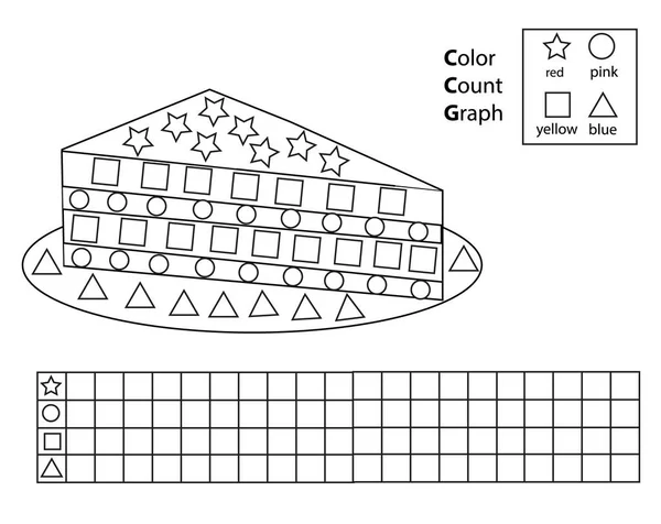 Barva, počet a graf. Vzdělávací hra pro děti. Barevný dort a počítání tvarů. Vytisknutelný list pro děti a batolata — Stockový vektor