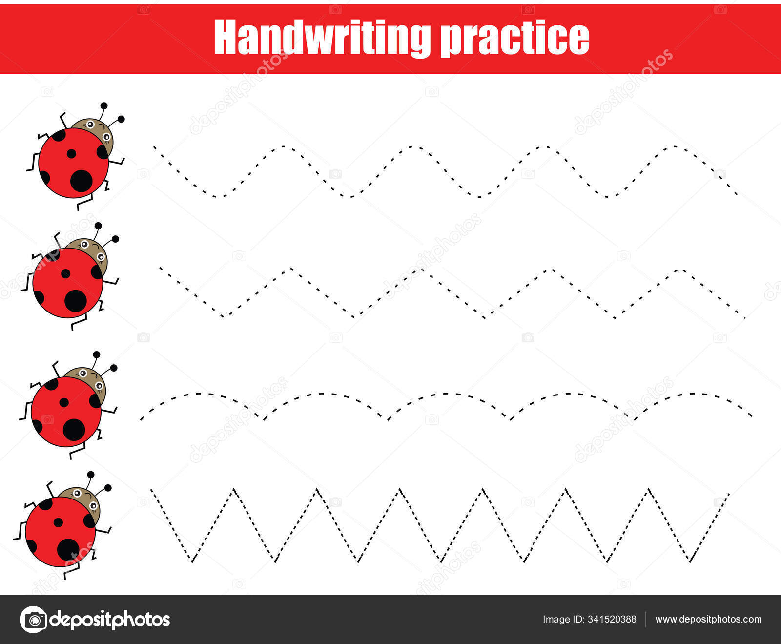 Funny ladybugs Handwriting practice sheet. Educational children game.  Tracing lines for kids and toddlers Stock Vector by ©ksuklein 341520388