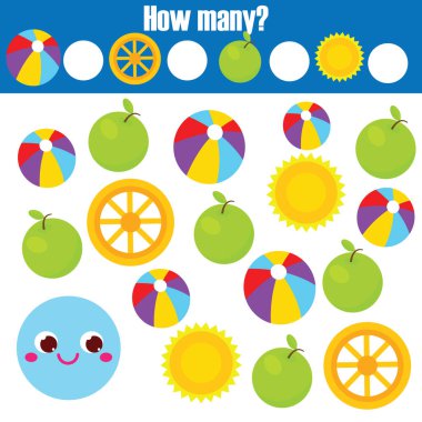 Matematiksel eğitici çocuklar oyunu. Sayma, sayma, toplama. Çember şekilli nesneleri say.