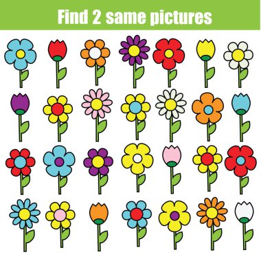 children educational game. Find the same pictures of flowers. fun for kids and toddlers clipart
