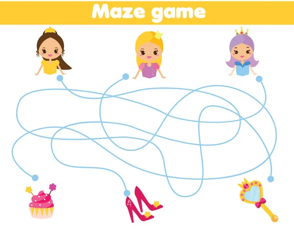 Quebra Cabeça Labirinto Ajude Princesa Encontrar Objetos Atividade Para Crianças —  Vetores de Stock