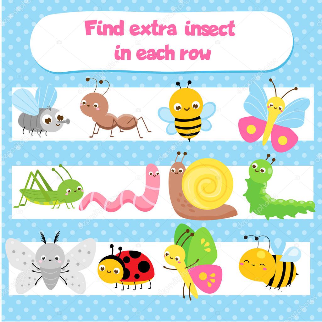 Educational children game for kids and toddlers. What does not fit logic game. Find odd one, extra object. Insect theme. Learning insects