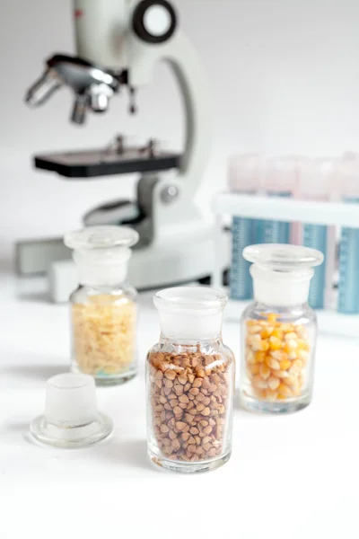 Cereales en viales de vidrio para análisis en laboratorio — Foto de Stock