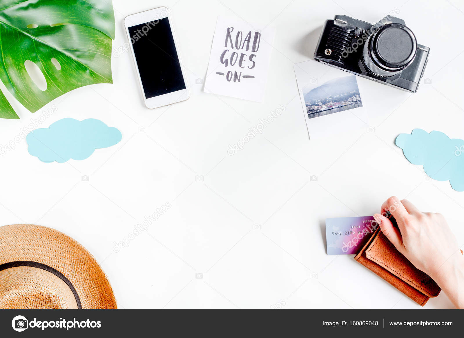Accessories for treveling with children and mobile phone on white background  top view mock-up Stock Photo by © 160869048