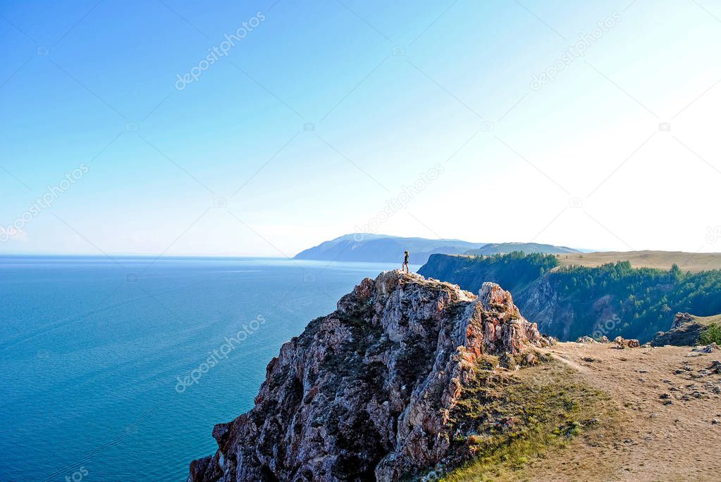 Baikal lake summer landscape, view from a cliff, Russia