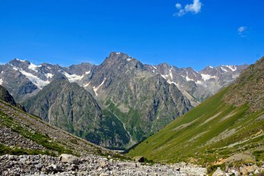 Yeşil dağ orman ve ağaç kayanın üzerinde doğal peyzaj açısından, Kafkasya, Rusya gelişen şaşırtıcı doğa görünümü