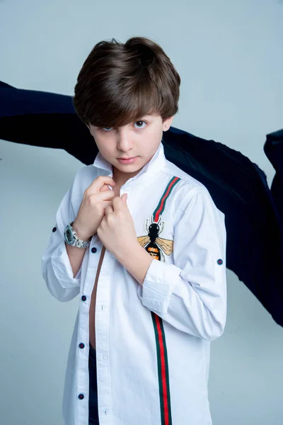 Boy Brunet Close Portrait White Shirt Braces Photo Studio — Stock Photo, Image