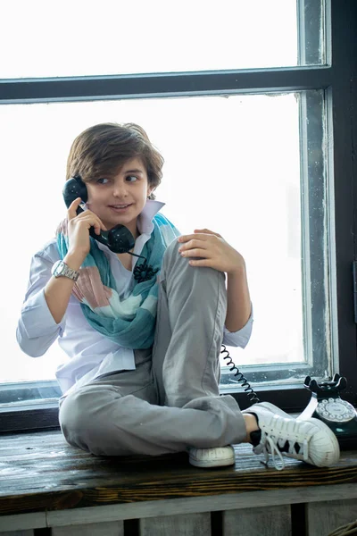 Cute Boy Sitting Windowsill Talking Telephone — Stock Photo, Image