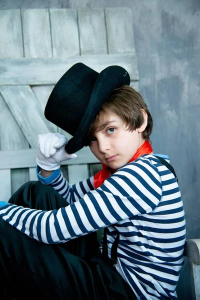 Boy Expressive Look Striped Sweater Black Hat Mime Costume — Stock Photo, Image