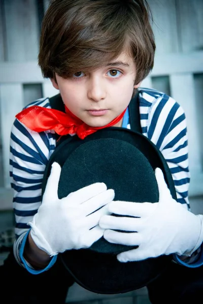 Boy Portrait Mime Costume Vest Black Hat Red Shawl — Stock Photo, Image