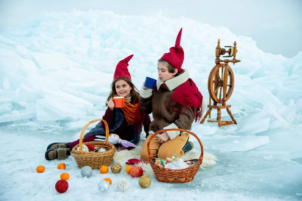 かわいいです男の子と女の子で赤ノームキャップオン冬のピクニックオン氷の背景 — ストック写真