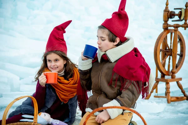 Crianças Bonés Gnomo Vermelho Piquenique Inverno Fundo Gelo — Fotografia de Stock