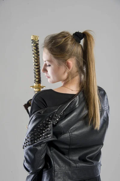 Portrait Young Beautiful Woman Katana Japanese Sword — Stock Photo, Image