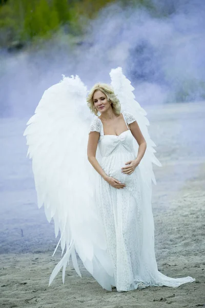 Pregnant Girl Angel Colorful Smoke — Stock Photo, Image