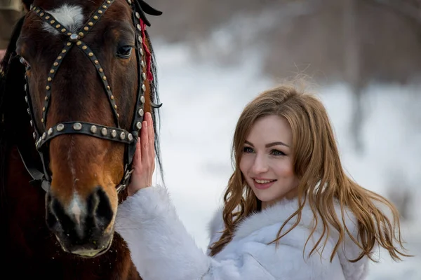 Menina Bonita Posando Com Cavalo Livre Inverno — Fotografia de Stock