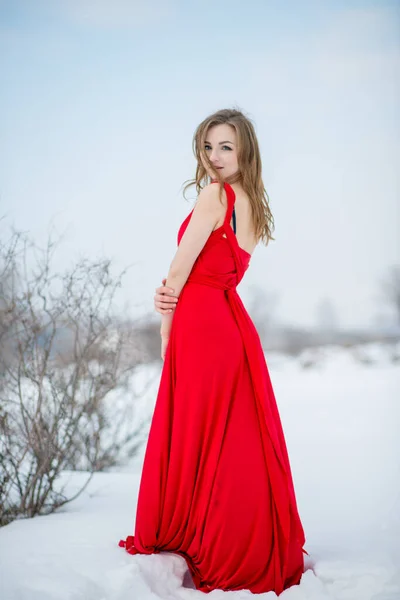 Menina Bonita Vestindo Vestido Vermelho Posando Livre Inverno — Fotografia de Stock