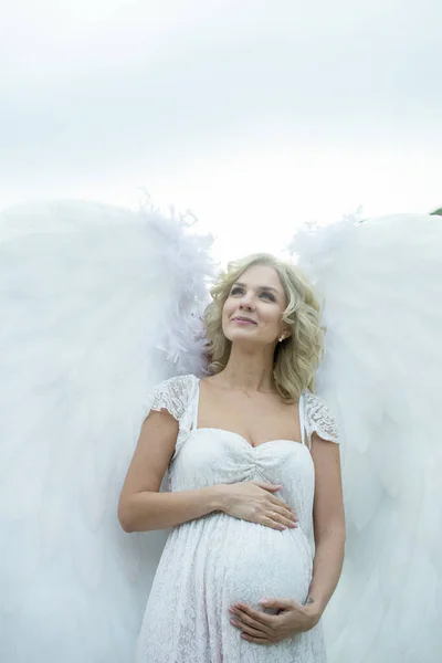 Beautiful Bride Angel Wings Posing Nature — Stock Photo, Image