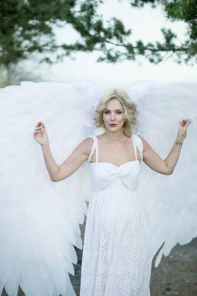 Belle Mariée Avec Des Ailes Ange Posant Dans Nature — Photo